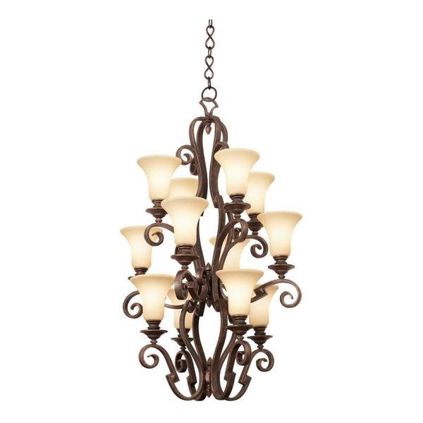 Twelve Light Antique Copper Gold-Streaked Amber Glass Foyer Hall Penda, Kalco, Mfr#: 4039AC/1313